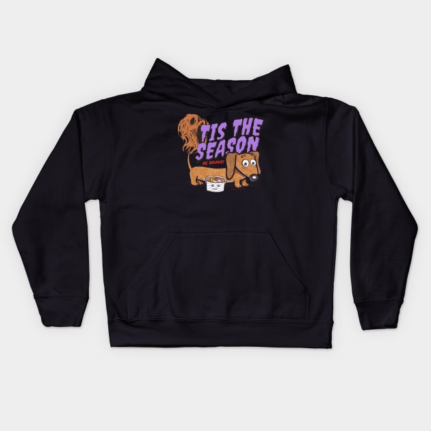 Funny and cute Doxie Dachshund Dog being brave for Tis the Season halloween while trick or treating Kids Hoodie by Danny Gordon Art